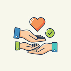 Two hands offer something, with a heart and check mark above.