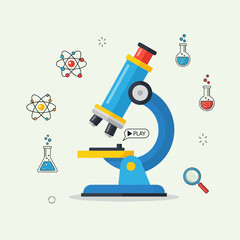 Cartoon microscope surrounded by scientific equipment on a light background.