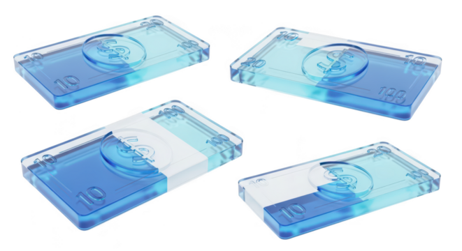 Transparent plastic money bills arranged on white background symbolizing investment finance currency and commerce