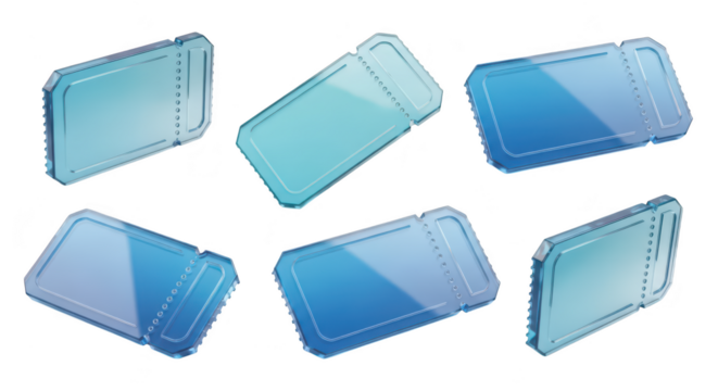 Transparent blue tickets on a white background scattered indicating entry admission or event passes