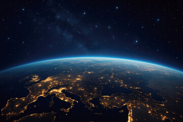 Fototapeta premium View of Europe at night from space showcasing city lights and the curvature of Earth