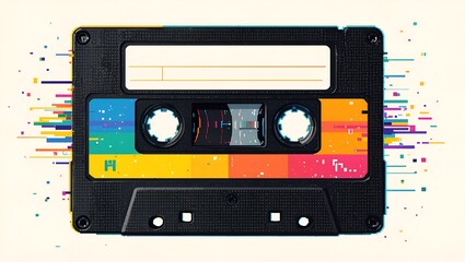 Vintage black audio cassette tape with colorful rectangular graphic design elements, creating an old school retro vibe on an off-white background, giving nostalgic feeling to vintage music era , casse