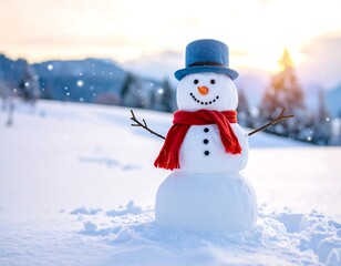Snowman in snowy landscape at sunset
