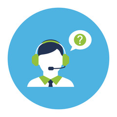 Person with headset and question mark icon in a blue circle background.
