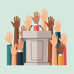 Podium with raised hands of diverse people against a light green background.