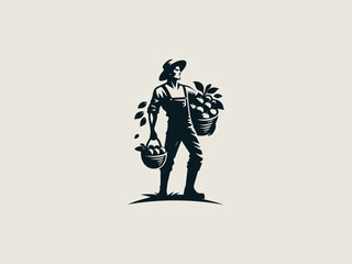 Vintage engraved farmer with fruit basket vector logo for juice brands