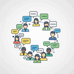 Group of people icons connected by lines with speech bubbles on white.