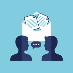 Two silhouetted people face each other with an open envelope and documents.