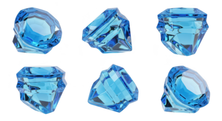 Six close-up views of blue faceted gems isolated on white showing angles and brilliance suitable for jewelry design or illustration