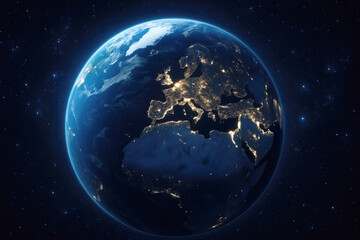 Obraz premium View of Earth from space showcasing illuminated cities across Europe and Africa during nighttime with vibrant blue and black background