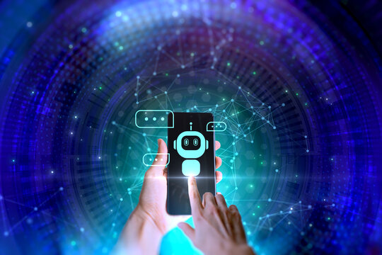 Futuristic hologram interface with a glowing chatbot icon and speech bubbles, activated by a finger touch. Concept of artificial intelligence and digital communication in a virtual environment.