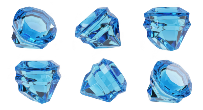 Six close-up views of blue faceted gems isolated on white showing angles and brilliance suitable for jewelry design or illustration