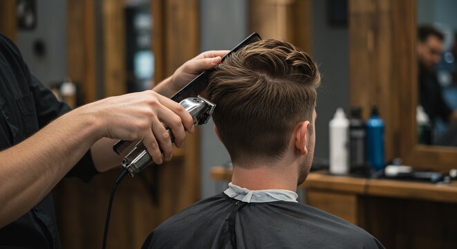 Barber trimming a man's hair with clippers and comb in a salon, close-up rear view of client getting a haircut