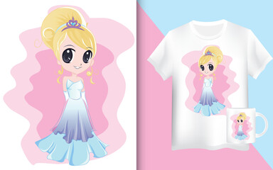 mockup t shirt vector illustration of beautiful princess with blonde buns.