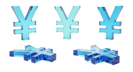 Obraz premium Transparent blue yen currency symbols in various orientations on a white background representing financial concepts
