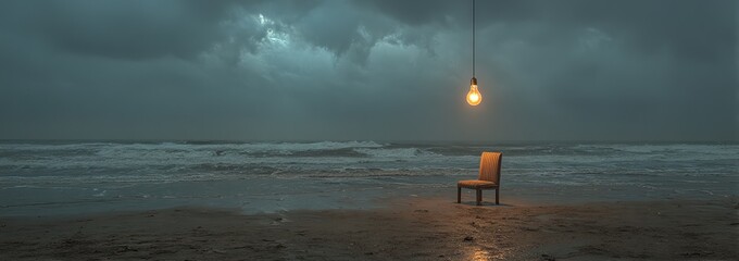 An image of a chair, hanging lamp, and dark-toned sea view by the seaside, suitable for art exhibition hall backdrops, music studio album covers, etc.