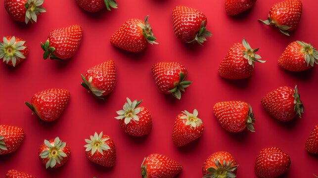 Colorful top view pattern of fresh ripe strawberries arranged in a seamless background, vibrant red fruit texture for healthy eating, organic farming, summer dessert recipes, vegan diet, and natural f