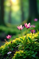 Delicate forest flowers pushing through soft bed of mossy green, texture, flowers, shadow