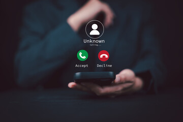 women use smartphone with incoming call from unknown number, spam, prank caller, hoax person, fake identity, scammer, scam with mobile phone, hacker, call center, crime, call, fraud or phishing