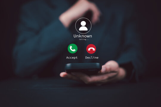 women use smartphone with incoming call from unknown number, spam, prank caller, hoax person, fake identity, scammer, scam with mobile phone, hacker, call center, crime, call, fraud or phishing