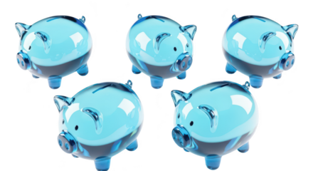 Five glass piggy banks on a white background showcasing savings and financial concepts