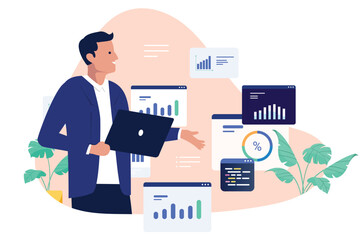 A smiling young businessman holding a laptop, surrounded by data analysis charts and graphs, representing business, finance, and technology in a flat design vector illustration