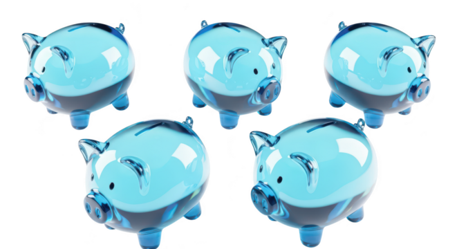 Five glass piggy banks on a white background showcasing savings and financial concepts