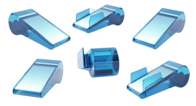 Several transparent blue whistles scattered across a clean white background indicating organization signaling or sound production potentially for educational or safety purposes