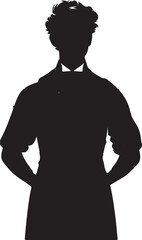 This image shows a solid black silhouette of a person with short, curly hair, wearing a collared shirt and a dress, standing with hands behind their back.