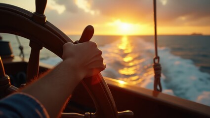 Steering Towards the Horizon A Nautical Adventure at Sunset on the Open Ocean