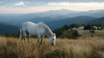 White Horse Grazing in Mountain Pasture at Sunrise