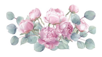 A delicate watercolor illustration of pink peonies and eucalyptus leaves, showcasing botanical beauty.