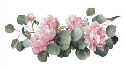 A delicate watercolor illustration of pink peonies and eucalyptus leaves, showcasing botanical beauty.