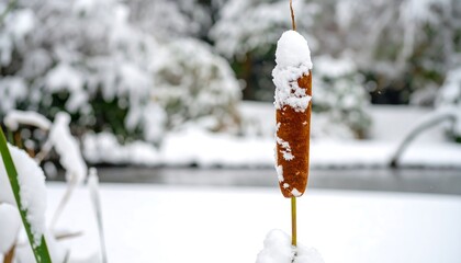 Snowy cattail by a frozen river