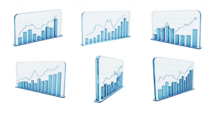 Blue 3D graph charts rise against white background representing business growth for reports or presentations