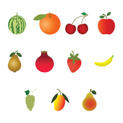 Colorful fruit collection featuring watermelon, orange, cherries, apple, pear, pomegranate, strawberry, banana, grapes, and mango. Bright and fresh vector style, isolated on white background.