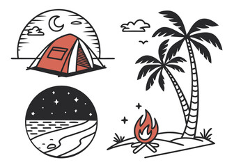 Icon Set Inspired by Beach Camping with Tents, Campfire, Palm Trees, Ocean, Moon, and Stars