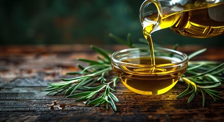 A scene of olive oil being poured into a small glass bowl, suitable for olive oil brands' advertisements, posters, webpages, and the health concept promotion of light meal restaurants, etc.