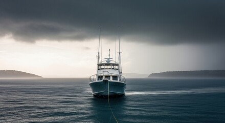 Fototapeta premium Solitary yacht anchored on a stormy ocean against a dramatic sky