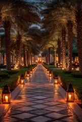 A paved walkway, lined with palm trees and lanterns, leads to a building at twilight