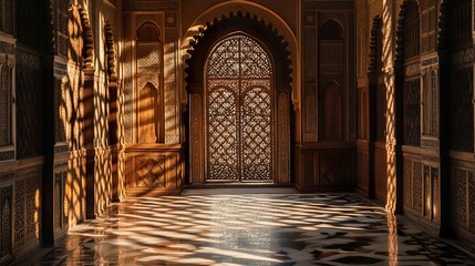 Grand Hallway Leading to an Ornate Arched Door
