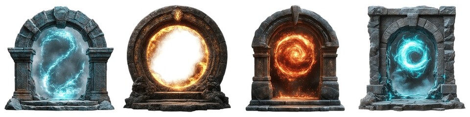 Ancient Fantasy Portal Gateways with Glowing Magical Vortexes and Stone Arch Structures Isolated on Transparent Background