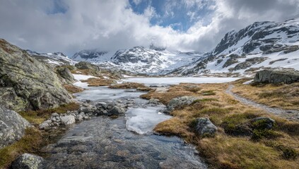 Alpine stream flowing through a snowy landscape