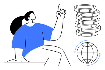 Person sitting with raised finger, stack of coins, globe with arrows. Ideal for finance, economics, investment, global trade, education decision-making goal-setting. Simple flat metaphor