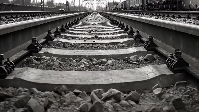Monochrome Perspective of Train Tracks Leading into the Distance Featuring Parallel Lines Gravel and Industrial Infrastructure