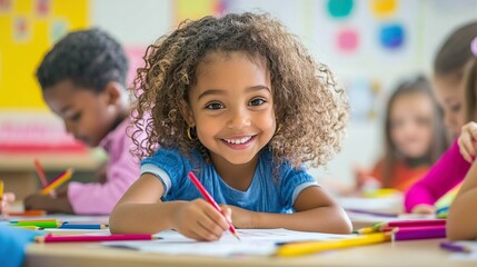 Happy Little Girl Drawing in Classroom
