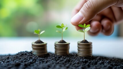 Symbol of Investment Growth: Plants Growing from Stacks of Coins