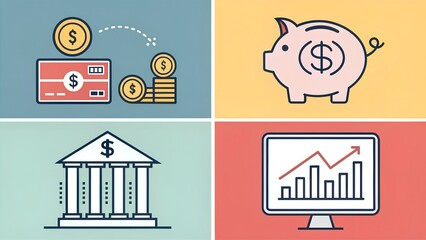 Obraz premium Four graphic panels show financial transactions including money transfer, saving, a bank building, and a stock market graph on a computer display in a conceptual representation money, coin, coins, cur