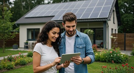 Couple uses tablet in front of solar panel house
