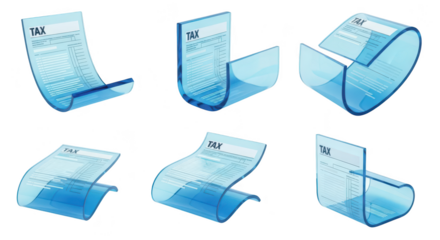 Transparent curved tax forms showcasing digital tax filings in a futuristic white studio Background white Use Illustrating financial planning or tax concepts